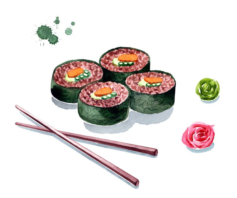 Ejemplo rojo de la acuarela del rollo de sushi del arroz de Brown stock de ilustración Ejemplo rojo de la acuarela del rollo de sushi del arroz de Brown stock de ilustración