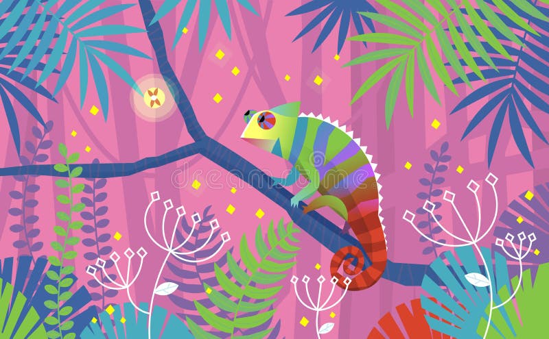 Ejemplo rosado colorido con el lagarto del camaleón que se sienta en una rama en selva tropical Rodeado por las plantas imaginari libre illustration