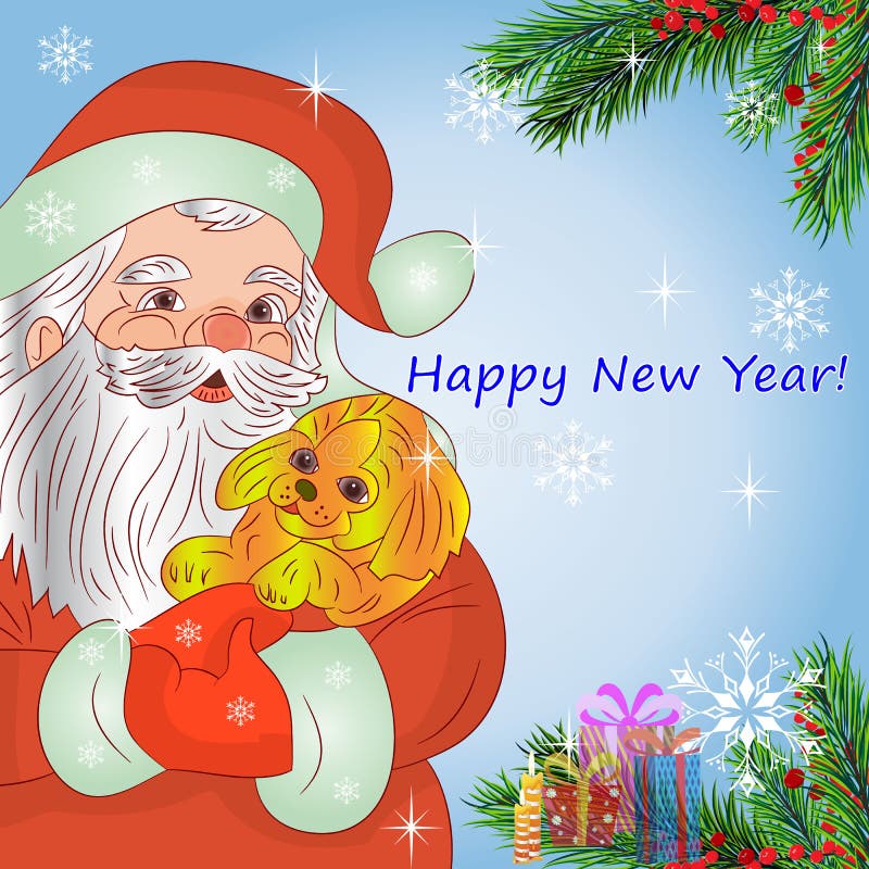 Ejemplo, Santa Claus en las manos que llevan a cabo un símbolo del perro amarillo ilustración del vector Ejemplo, Santa Claus en las manos que llevan a cabo un símbolo del perro amarillo ilustración del vector
