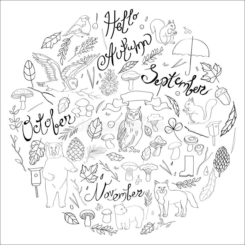 Ejemplo, sistema con la imagen de hojas, ramas, bayas, flores, animales y pájaros, elementos del otoño, oso, ardillas, zorro, stock de ilustración Ejemplo, sistema con la imagen de hojas, ramas, bayas, flores, animales y pájaros, elementos del otoño, oso, ardillas, zorro, stock de ilustración