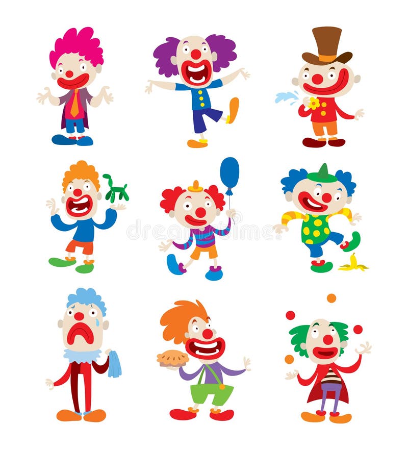 Ejemplos de la historieta del vector del carácter del payaso stock de ilustración