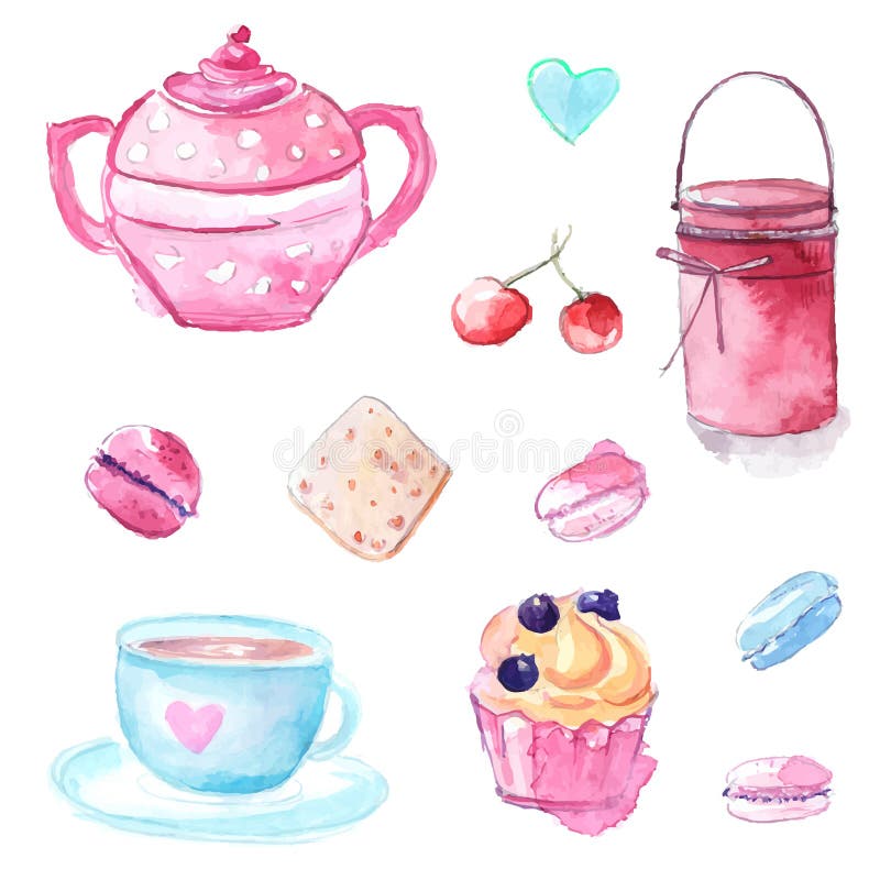 Ejemplos rosados y azules del pote del té, de la taza, de los pasteles de la magdalena y del tarro con el atasco Sistema de eleme libre illustration Ejemplos rosados y azules del pote del té, de la taza, de los pasteles de la magdalena y del tarro con el atasco Sistema de eleme libre illustration