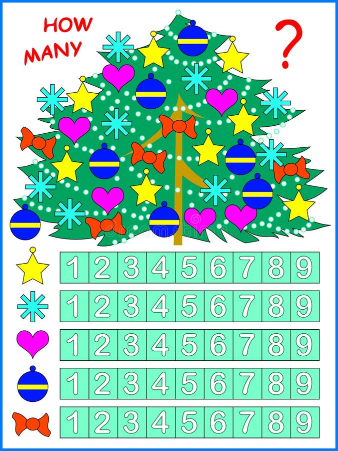Ejercicio para los niños jovenes Necesite contar los juguetes en el número de correspondencia del árbol de navidad y de la pintur stock de ilustración Ejercicio para los niños jovenes Necesite contar los juguetes en el número de correspondencia del árbol de navidad y de la pintur stock de ilustración