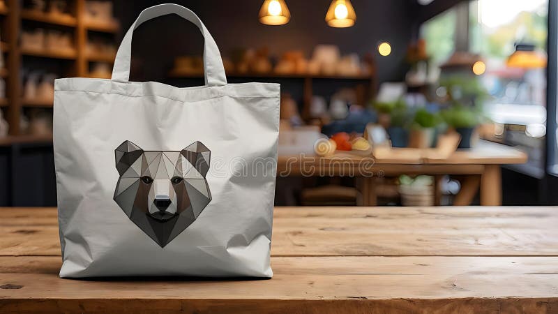 Ekologiczna torebka z geometrycznym niedźwiedziem na drewnianym stoliku w przytulnej kawiarni idealnie nadaje się do reklamy ekolo zdjęcie stock