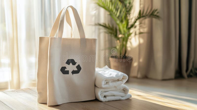 Ekologiczna torebka z symbolem recyklingu obok świeżych ręczników w jasnym naturalnym otoczeniu. Ekologiczna torba na tkaninie obraz royalty free