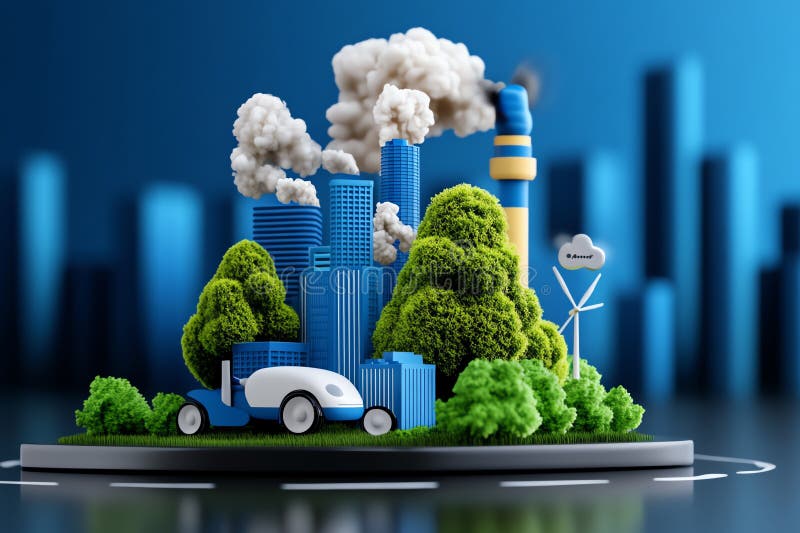 Ekologiczny krajobraz miejski przedstawiający kontrast między czystą energią a zanieczyszczeniem w miniaturowym modelu miasta z zi royalty ilustracja