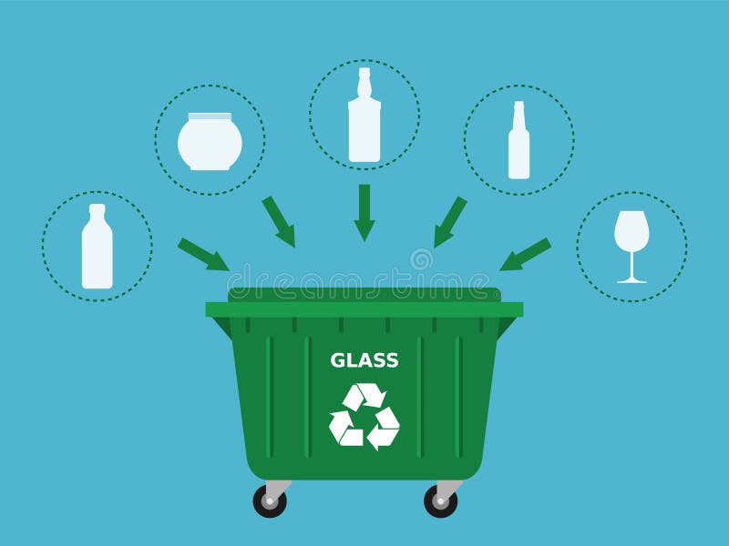 Ekologiczny przemysłowy kontener na śmieci i odpady szklane nadające się do recyklingu. butelki szklanki itp.. niebieskie tło. ilustracja wektor