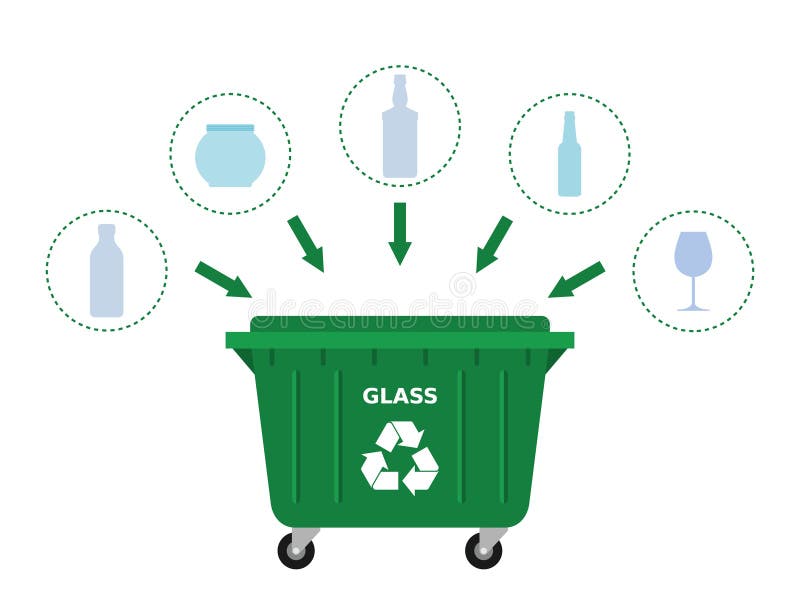 Ekologiczny przemysłowy kontener na śmieci i odpady szklane nadające się do recyklingu. butelki szklanki itp.. ilustracja wektor