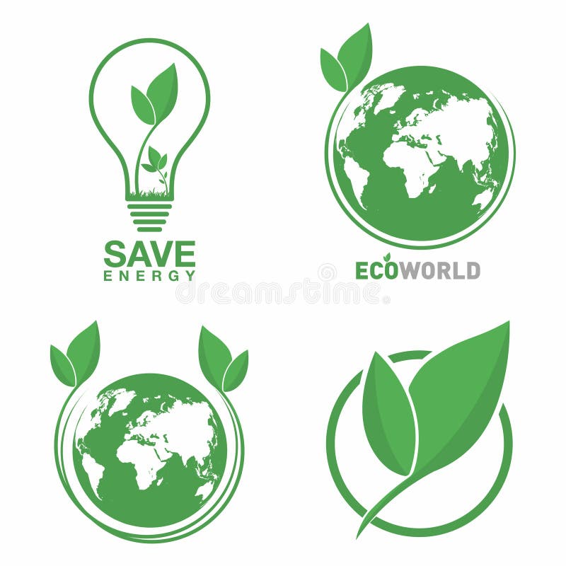 Ekologilogouppsättning Eco värld, grönt blad, energi - besparinglampsymbol Eco vänligt begrepp för företagslogo