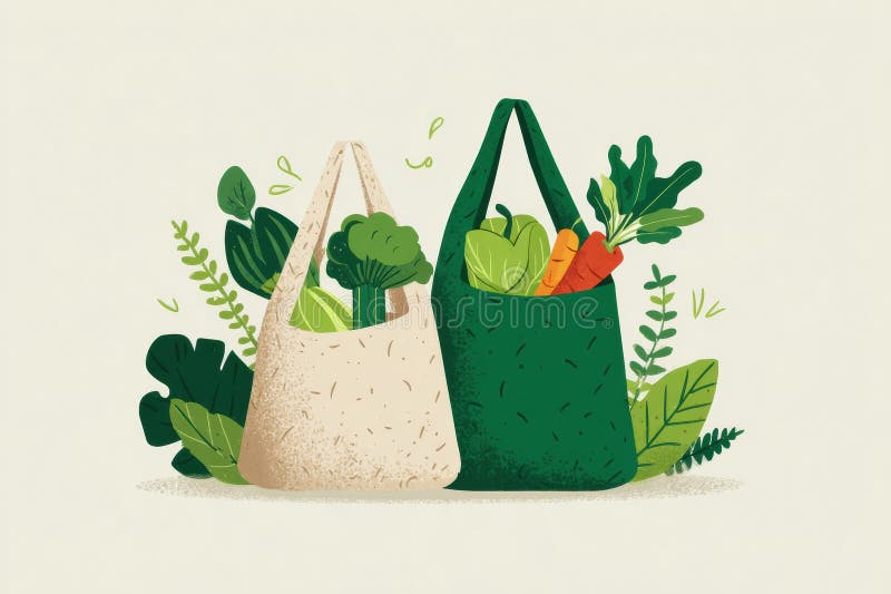 Ekovänlig handel med återanvändbara påsar fyllda med färska grönsaker och gröna i en minimalistisk design arkivbilder