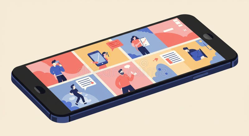 Ekran smartphone wyświetla kolorową siatkę ilustracji pokazujących użytkowników ilustracji