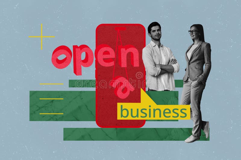 Ekskluzywna twórcza kolaż szczęśliwej biznesmenki biznesmenki stoją na otwartym biznesowym rozwoju kariery zdjęcie stock