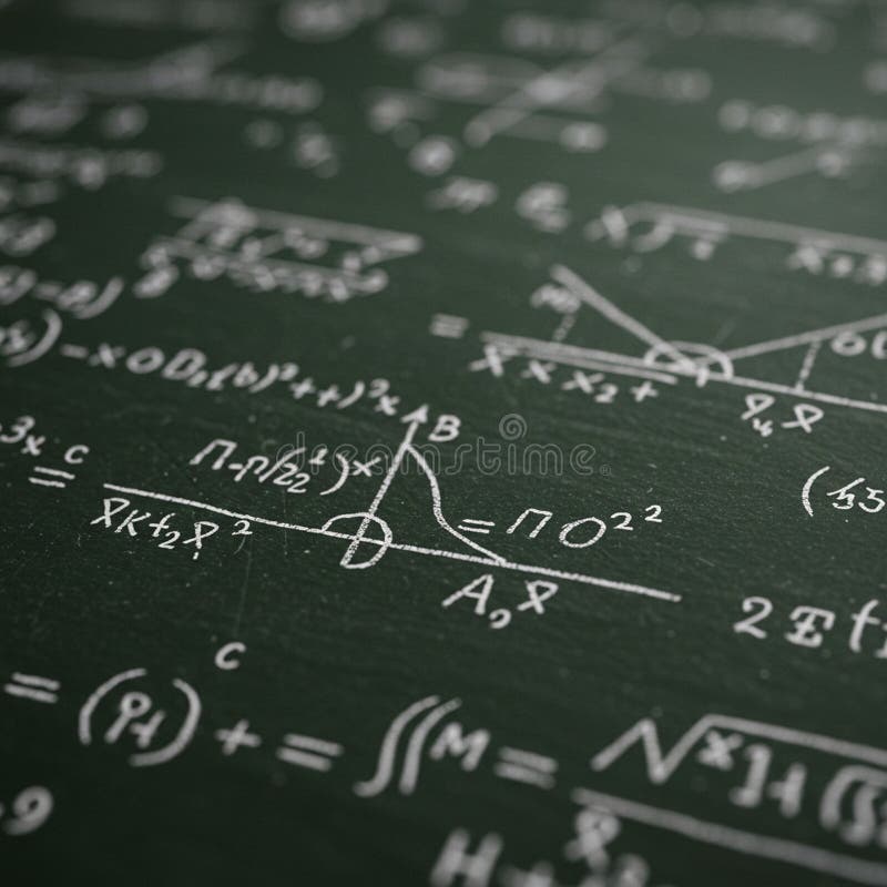 Ekvationer och diagram skrivs i vitt på en mörkgrön krita. Olika matematiska symboler är integrerade och geometriska figurer sammankopplade över ytan. Fokus ligger på komplexa matematiska uttryck som omfattar vinklar och variabler. Den kritformade ytan har en något smuddad textur som är typisk för extensiv användning.