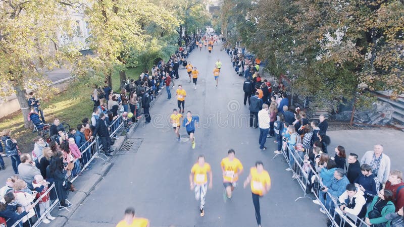 El abejón tiró de gente en las camisas anaranjadas que funcionaban con maratón en parque de la ciudad