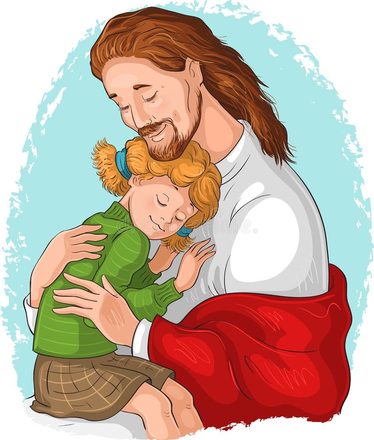  El Abrazo De Dios. Jesus Abrazando a Una Chica Vectorial Ilustración De Dibujos Animados Ilustración del Vector