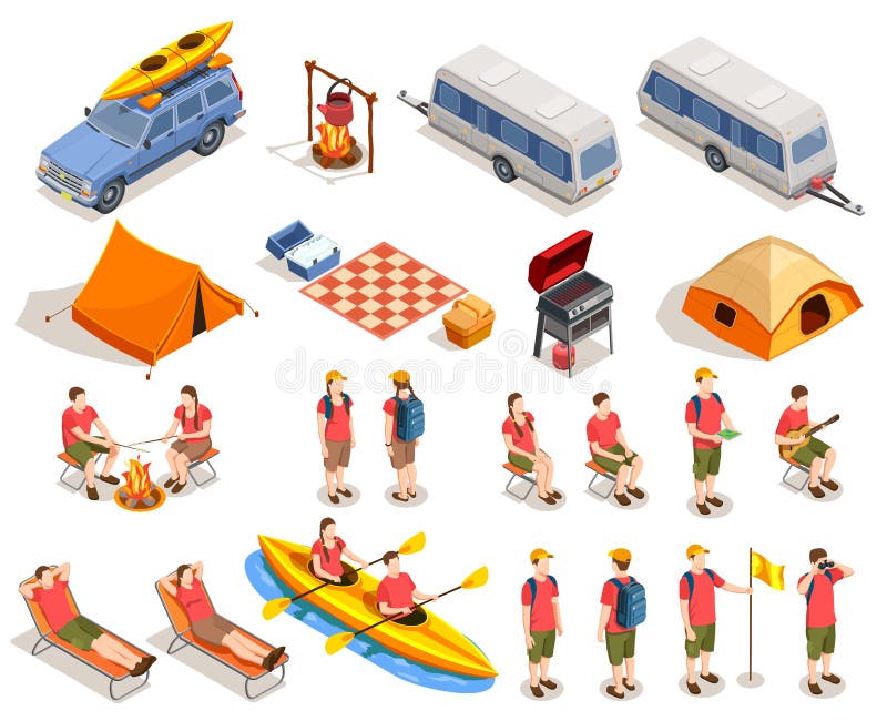 Conjunto de Iconos de Camping y Senderismo stock de ilustración