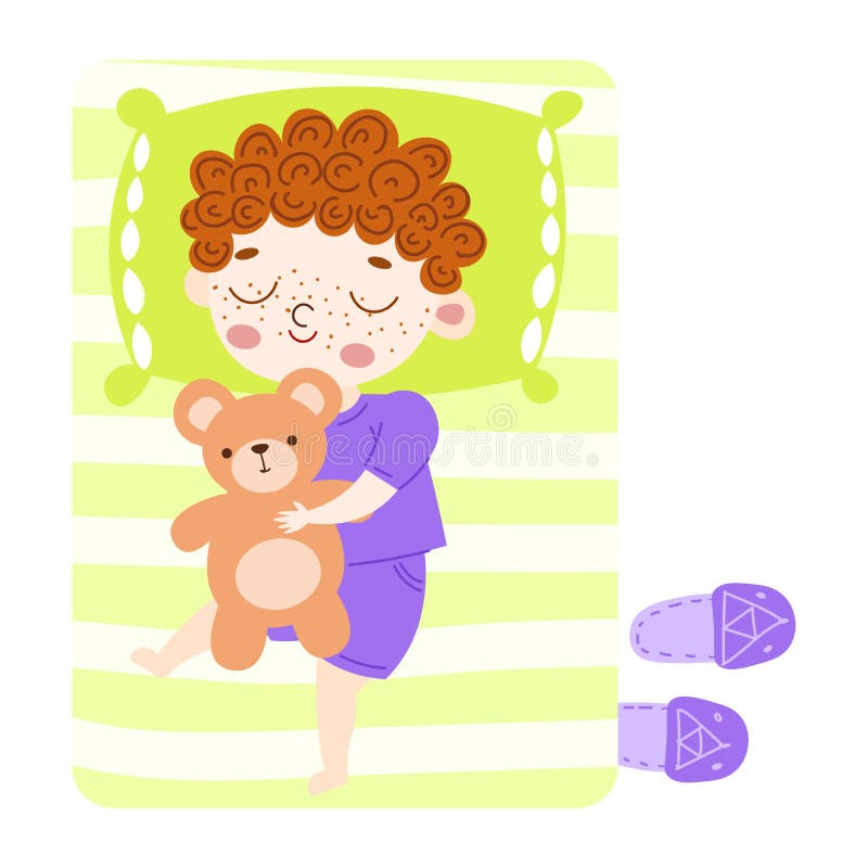 El adorable niñito de pelo marrón adorable durmiendo con un oso de peluche en la cama verde vista Ilustración del vector en plano ilustración del vector