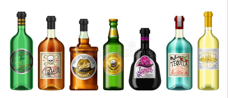 El alcohol bebe en una botella con diversas etiquetas del vintage Ron ausente realista de la cerveza del whisky del vino del Tequ
