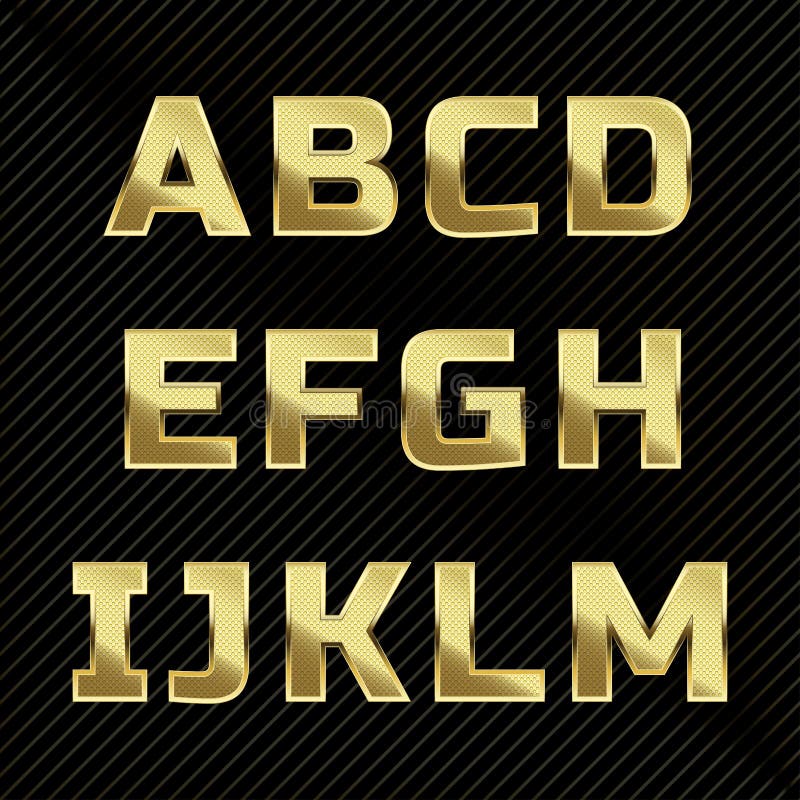 Gold glittering metal alphabet set. Letters A to M. Gold glittering metal alphabet set. Letters A to M