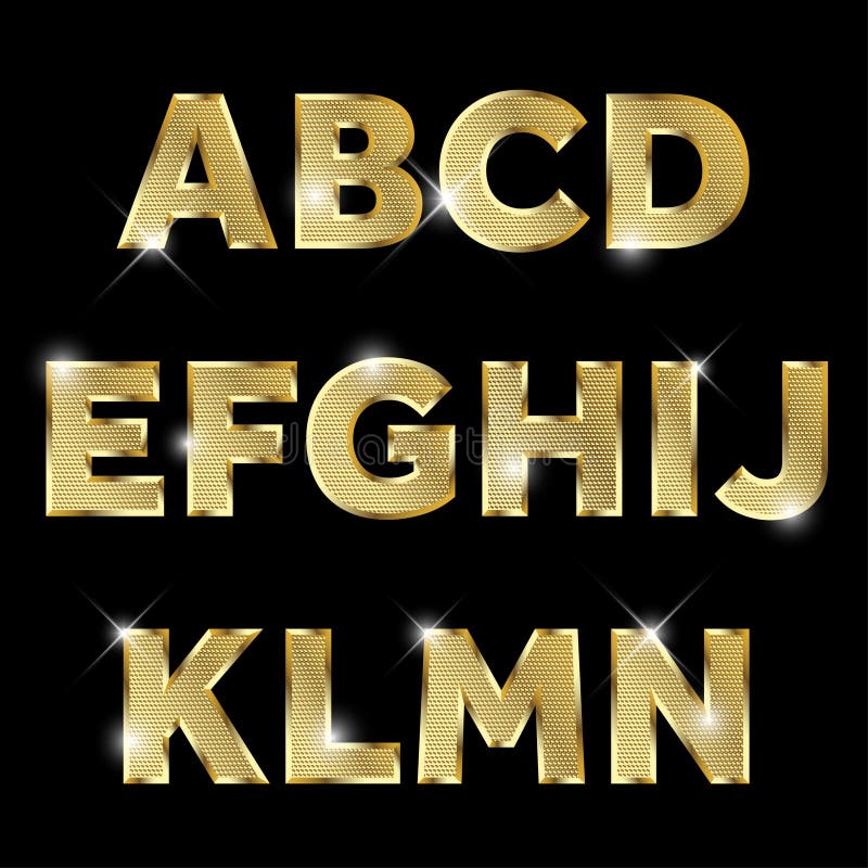 Gold glittering metal alphabet set from A to N uppercase. Gold glittering metal alphabet set from A to N uppercase.