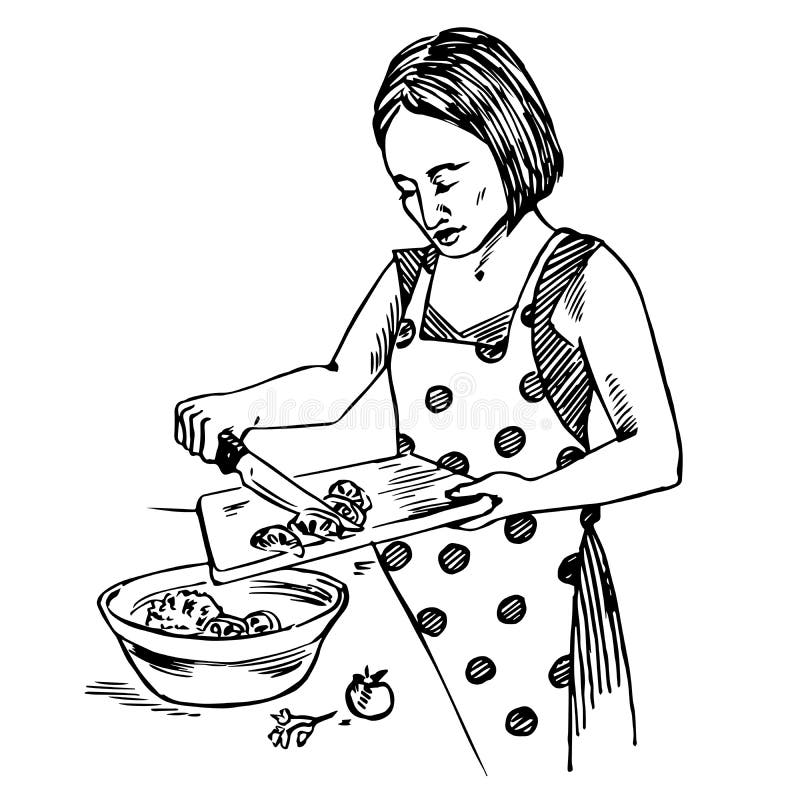 El ama de casa joven se vistió en las verduras de los cortes de un delantal del lunar para la ensalada stock de ilustración El ama de casa joven se vistió en las verduras de los cortes de un delantal del lunar para la ensalada stock de ilustración