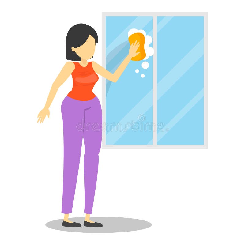 El ama de casa de la mujer lava la ventana usando esponja ilustración del vector El ama de casa de la mujer lava la ventana usando esponja ilustración del vector