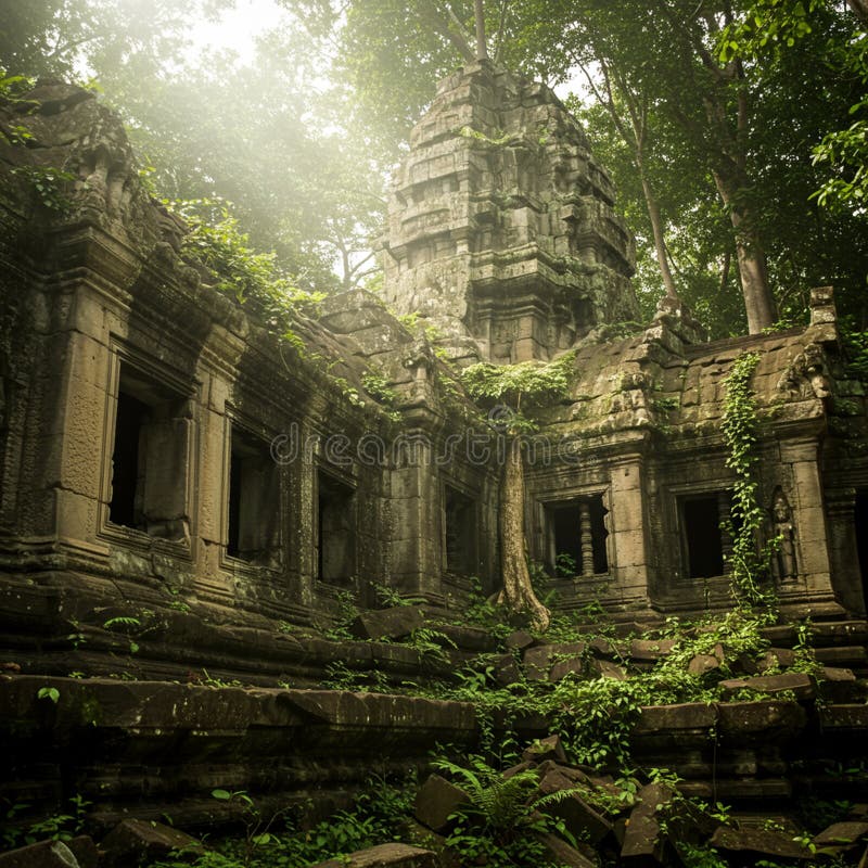 El antiguo templo de piedra ruina parcialmente sobrepoblado por un denso follaje de jungla posiblemente en stock de ilustración