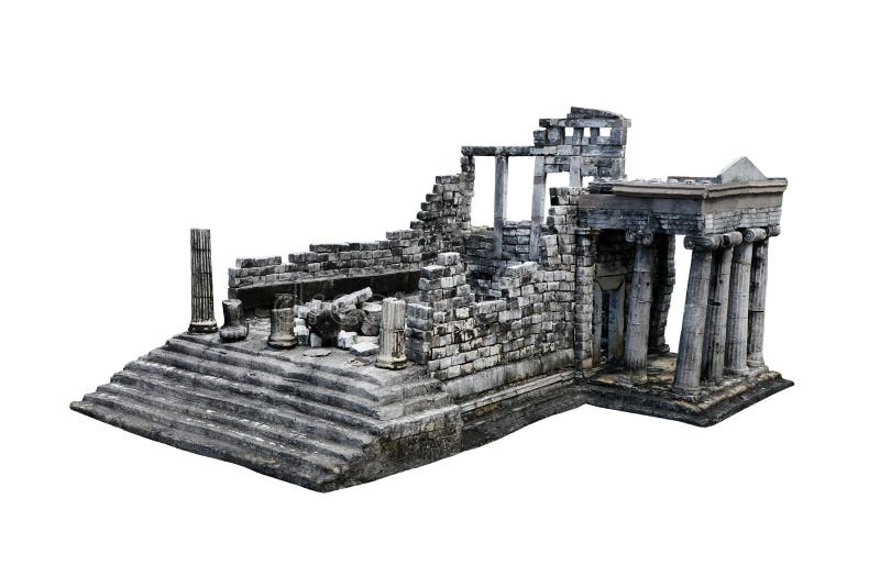 El antiguo templo es un edificio de arquitectura griega antigua aislado sobre fondo blanco con sendero de recorte.