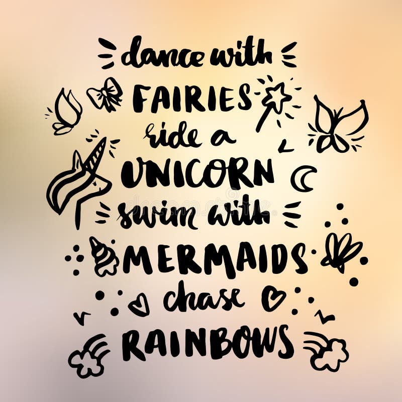 ¡El ard del ¡de Ð con danza del ` de la inscripción con las hadas, monta un unicornio, nada con las sirenas, arco iris de la caza stock de ilustración ¡El ard del ¡de Ð con danza del ` de la inscripción con las hadas, monta un unicornio, nada con las sirenas, arco iris de la caza stock de ilustración