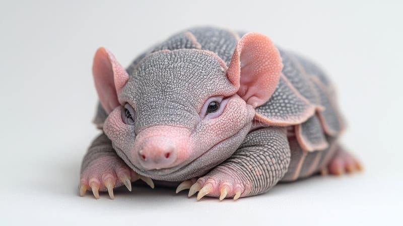 El armadillo de bebé se enrolla ligeramente sobre fondo blanco, mostrando su suave cáscara gris rosada y sus diminutas garras. Peq imágenes de archivo libres de regalías