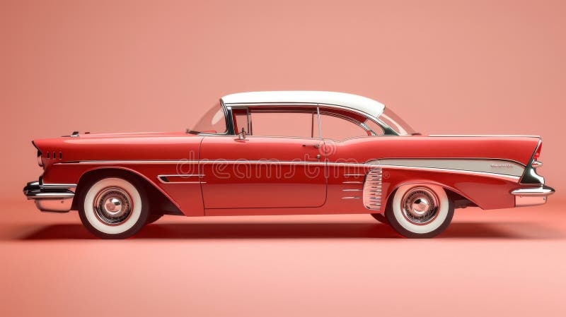 El automóvil rojo vintage. generado por IA. Coche rojo clásico mostrado en un fondo rosado. imagen generada por IA.