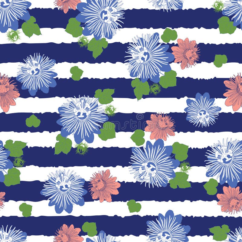 El azul añil del vector raya el modelo inconsútil con las hojas y la flor salvaje Conveniente para la materia textil, el papel de stock de ilustración El azul añil del vector raya el modelo inconsútil con las hojas y la flor salvaje Conveniente para la materia textil, el papel de stock de ilustración