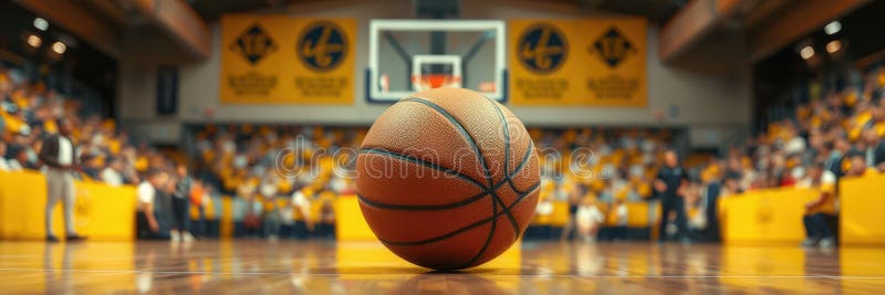 El baloncesto se sienta en el centro de la cancha durante un intenso partido en un animado gimnasio con hinchas en los stands. Un baloncesto se sitúa en el centro de un gimnasio lleno de gente y lleno de entusiastas. una decoración alegre en amarillo y negro aporta energía a medida que el juego avanza en el espíritu de equipo.