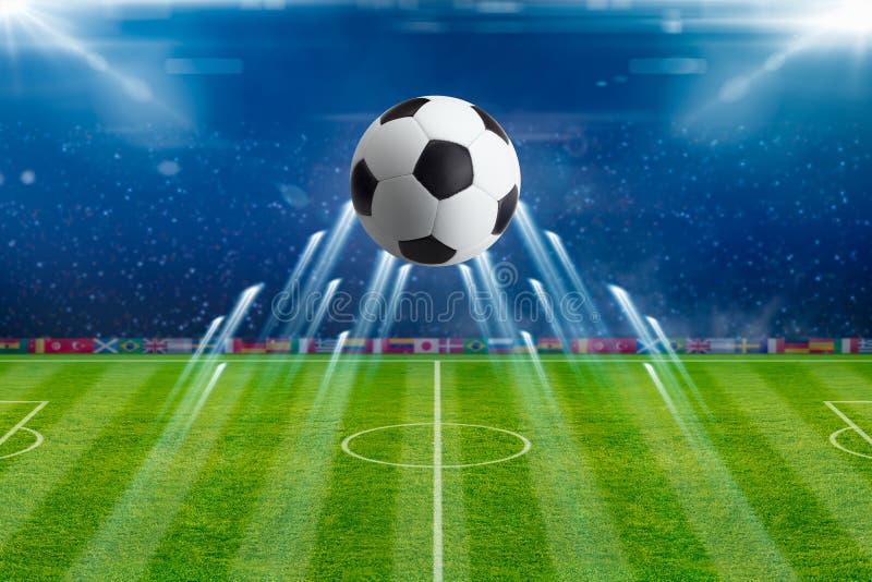 El balón de fútbol, proyectores brillantes, ilumina el estadio de fútbol verde stock de ilustración El balón de fútbol, proyectores brillantes, ilumina el estadio de fútbol verde stock de ilustración