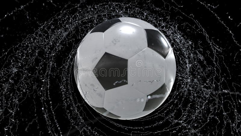 El balón de fútbol vuela emitiendo el giro de los descensos del agua, ejemplo 3d libre illustration El balón de fútbol vuela emitiendo el giro de los descensos del agua, ejemplo 3d libre illustration