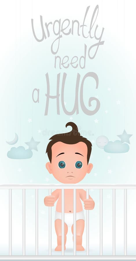 El bebé derecho triste es en la necesidad del pesebre un abrazo Diseño plano stock de ilustración El bebé derecho triste es en la necesidad del pesebre un abrazo Diseño plano stock de ilustración