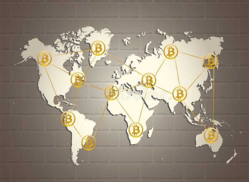 El bitcoin de oro firma en mapa del mundo en fondo gris marrón de la pared de ladrillo Sistema de pago digital del cryptocurrency ilustración del vector El bitcoin de oro firma en mapa del mundo en fondo gris marrón de la pared de ladrillo Sistema de pago digital del cryptocurrency ilustración del vector