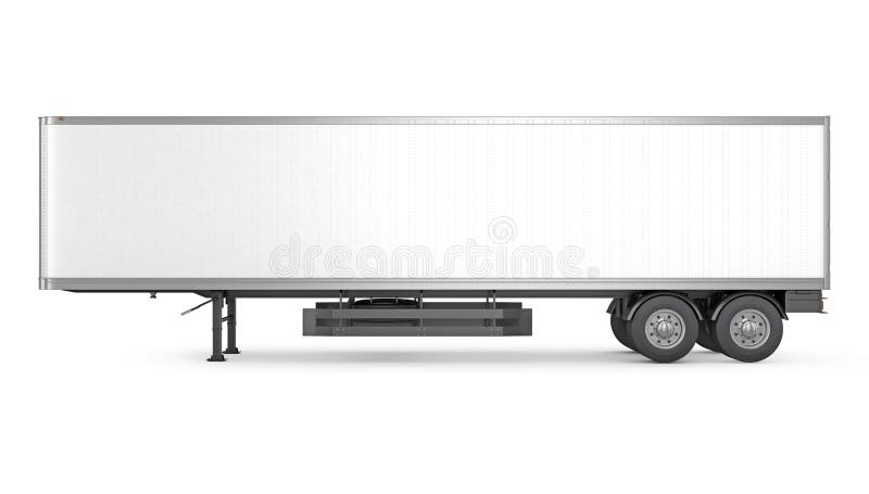 Blank white parked semi trailer, side view, on white background. Blank white parked semi trailer, side view, on white background