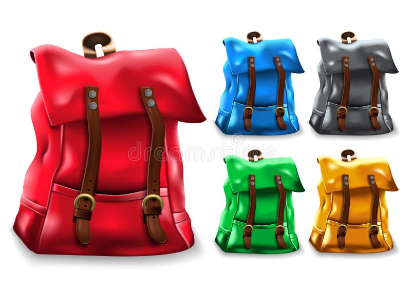 El bolso realista de la mochila 3D fijó diseño con diversas variaciones del color como rojo, azul ilustración del vector