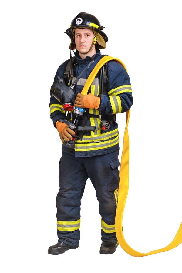 Bombero sujetando la manguera en uniforme y Casco Bombero adultos sobre  fondo de ladrillo Imagen Vector de stock - Alamy