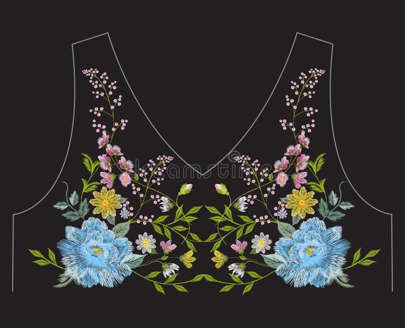 El bordado simplificó la línea étnica estampado de flores del cuello con el azul ilustración del vector El bordado simplificó la línea étnica estampado de flores del cuello con el azul ilustración del vector