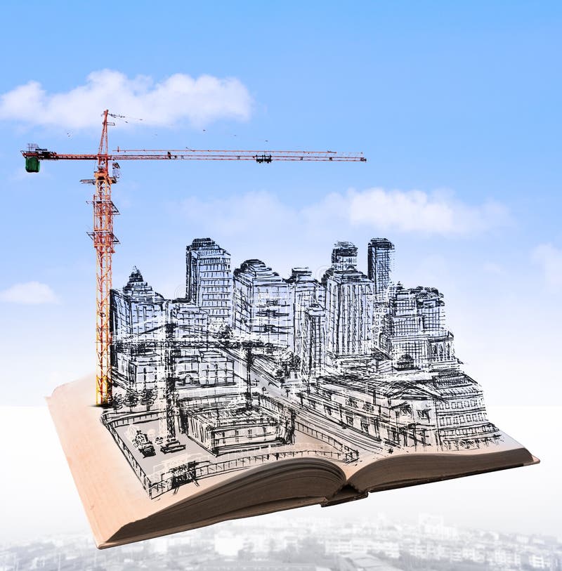 Sketching of building construction on flying book over urban scene use for civil engineering and land development topic. Sketching of building construction on flying book over urban scene use for civil engineering and land development topic