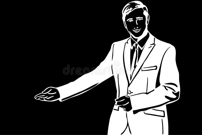 El bosquejo del vector de un hombre en un traje invita con su mano libre illustration El bosquejo del vector de un hombre en un traje invita con su mano libre illustration