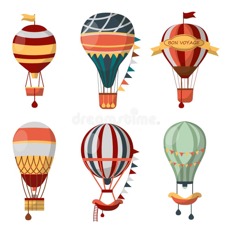 Hot air balloon retro icons with pattern for Bon Voyage or open air balloon festival. Vector isolated se of cloudhopper with passenger gondola for travel tour or tourism and entertainment show. Hot air balloon retro icons with pattern for Bon Voyage or open air balloon festival. Vector isolated se of cloudhopper with passenger gondola for travel tour or tourism and entertainment show