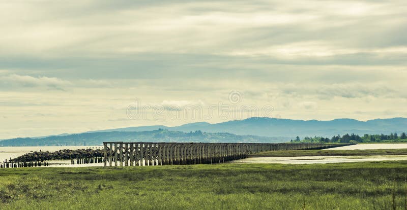 El caballete viejo del ferrocarril estira a través de un plano de marea fotografía de archivo El caballete viejo del ferrocarril estira a través de un plano de marea fotografía de archivo