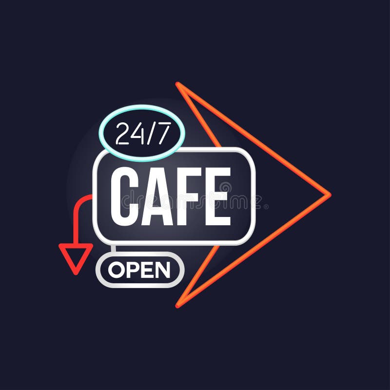 El café abre 24 7 señales de neón retras, letrero que brilla intensamente brillante del vintage, ejemplo ligero del vector de la libre illustration El café abre 24 7 señales de neón retras, letrero que brilla intensamente brillante del vintage, ejemplo ligero del vector de la libre illustration