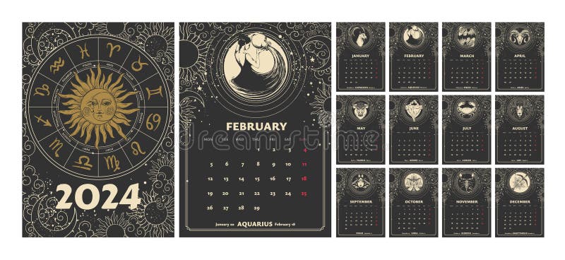 Plantilla de calendario lunar 2024 dibujada a mano con elementos esotéricos