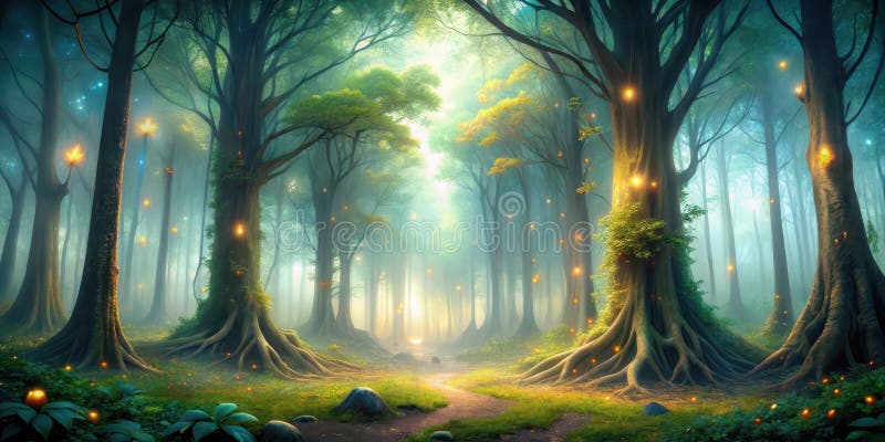 El camino del bosque encantado es un viaje místico a través de los árboles brillantes y la bruma suave. ilustración del vector