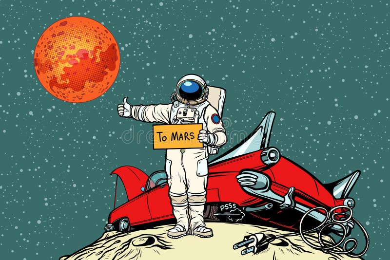 El camino a Marte coche analizado en el espacio, autostopista del astronauta ilustración del vector El camino a Marte coche analizado en el espacio, autostopista del astronauta ilustración del vector