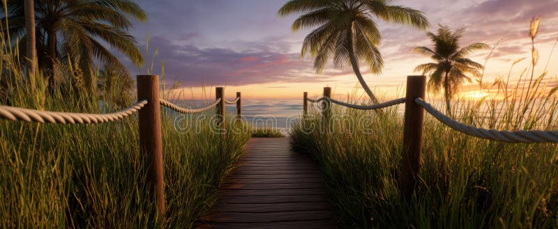 El camino sereno que conduce a una playa tropical en la imagen generada por sunsetAI imagen de archivo